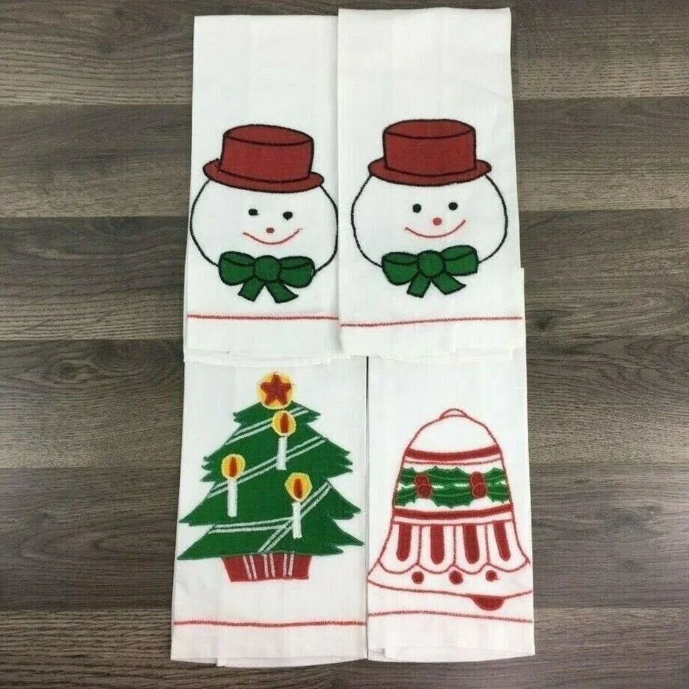 4 Christmas Kitchen Towels Snowman Tree Bells Ramie Cotton